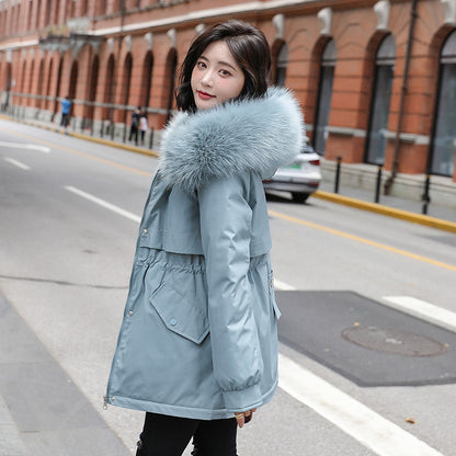 Big Fur Collar Loose Cotton-padded Fleece-lined Thickened Parka Cotton Clothing