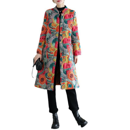 Retro Printed Thickening Stand Collar Middle Long Cotton-padded Coat