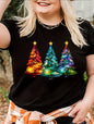 Festive Plus Size Christmas Trees Print Tee - Round Neck Short Sleeves Casual T-Shirt For Women, Comfy Versatile Sports Top With Relaxed Fit,  And Vibrant Print Design