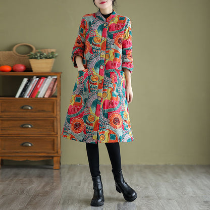 Retro Printed Thickening Stand Collar Middle Long Cotton-padded Coat