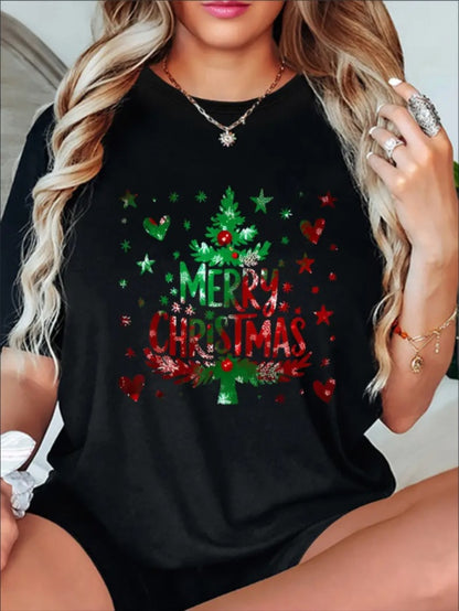 Targeted Christmas, Christmas Tree Love MERRY Pattern Printed Round Neck T-shirt, Spring&Summer Short Sleeve T-shirt, Sports And Leisure Daily Top, Women's Wear