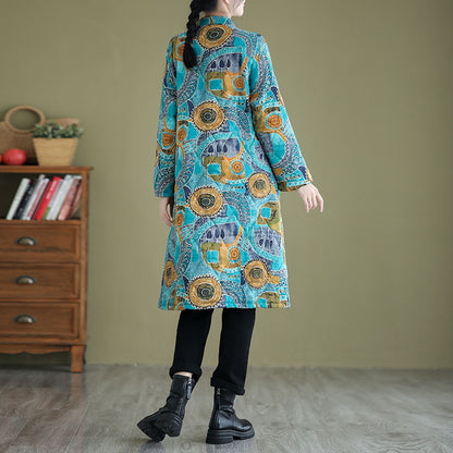 Retro Printed Thickening Stand Collar Middle Long Cotton-padded Coat